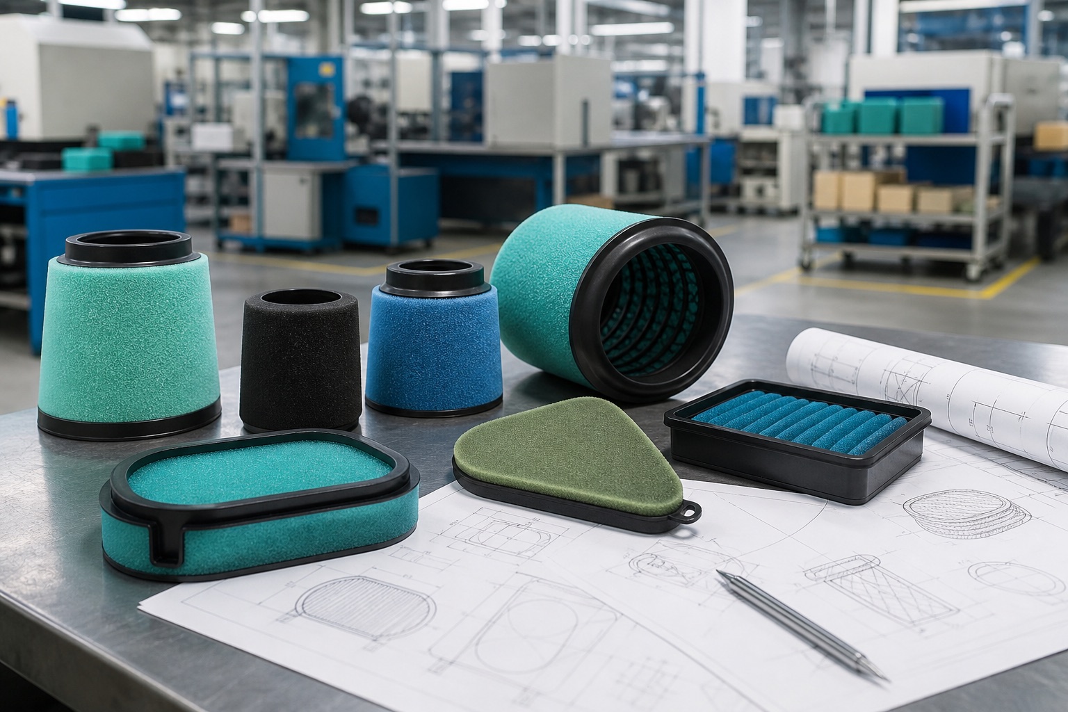 OEM foam air filter samples and manufacturing workbench