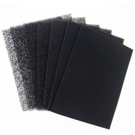 Fanned stack of black polyester reticulated foam sheets